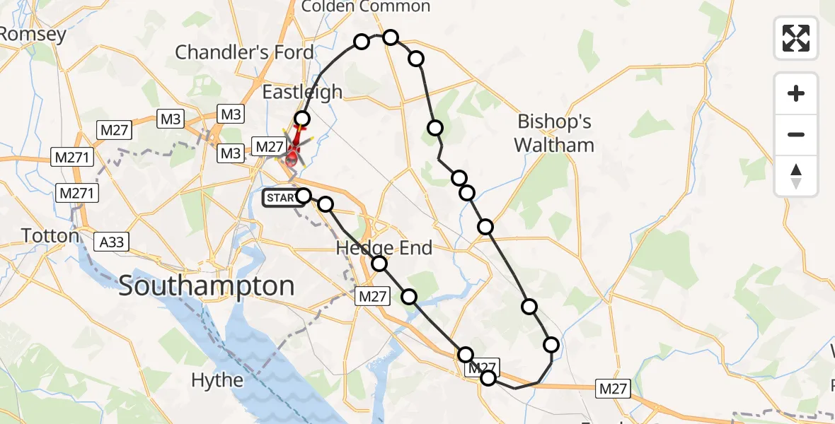 Flight route Air Ambulance Helicopter Townhill Park - Southampton Airport, 26 July 2026, 10:37