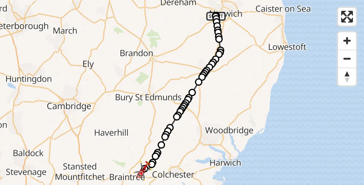 Flight route Air Ambulance Helicopter Norfolk & Norwich Hospital - Earls Colne Airfield, 26 July 2026, 10:38
