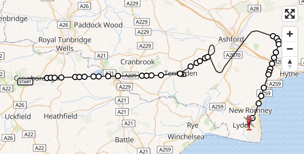 Flight route Air Ambulance Helicopter Crowborough - Lydd London Ashford Airport, 26 July 2026, 10:42
