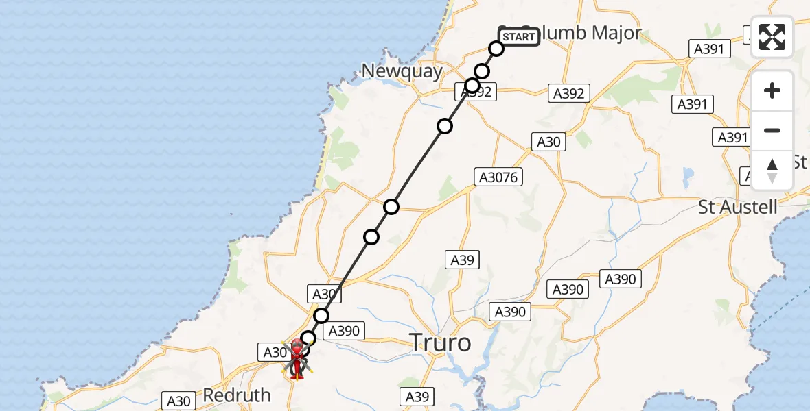 Flight route Air Ambulance Helicopter Cornwall Airport Newquay - Chacewater, 26 July 2026, 10:42