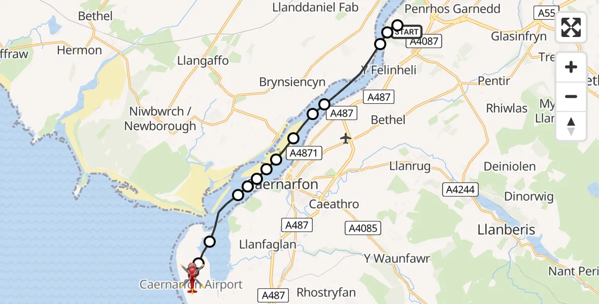 Flight route Air Ambulance Helicopter Aber Pwll - Caernarfon Airport, 26 July 2026, 10:51