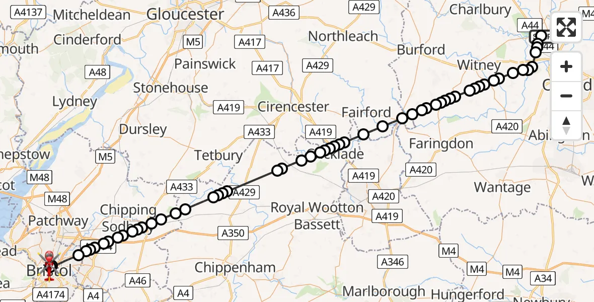 Flight route Air Ambulance Helicopter London Oxford Airport - Bristol Royal Infirmary, 26 July 2026, 10:56