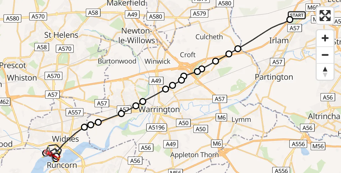 Flight route Air Ambulance Helicopter Manchester Barton Aerodrome - Widnes, 26 July 2026, 11:01