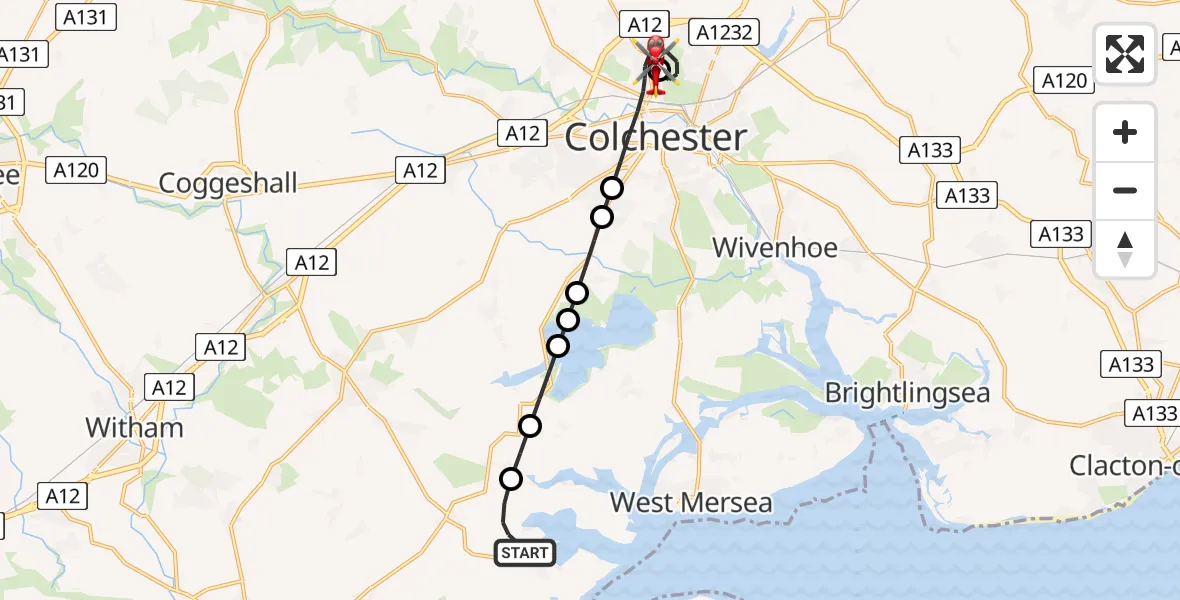 Flight route Air Ambulance Helicopter Maldon - Colchester Hospital, 26 July 2026, 11:03
