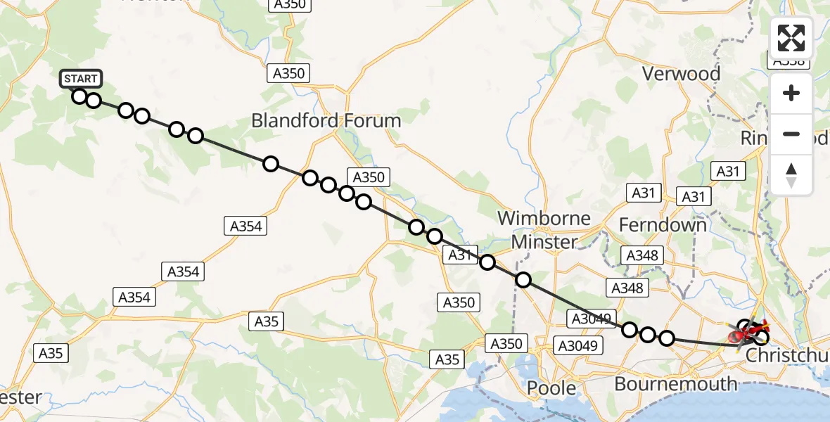 Flight route Air Ambulance Helicopter Hazelbury Bryan - Royal Bournemouth Hospital, 26 July 2026, 11:03