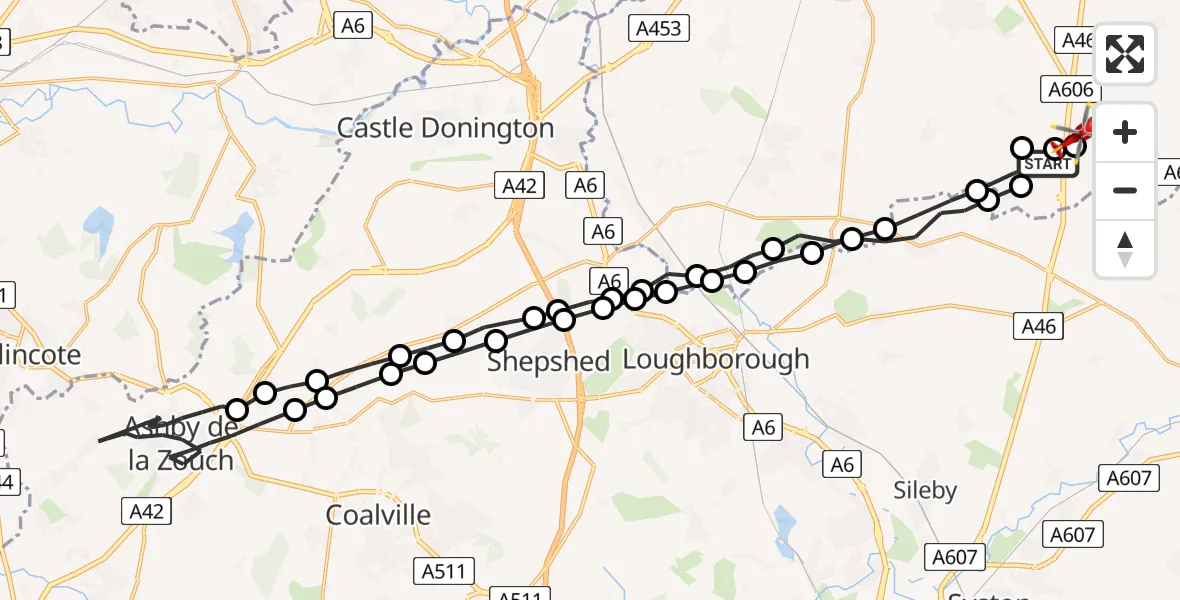 Flight route Air Ambulance Helicopter Willoughby on the Wolds - Nottingham Heliport, 26 July 2026, 11:08