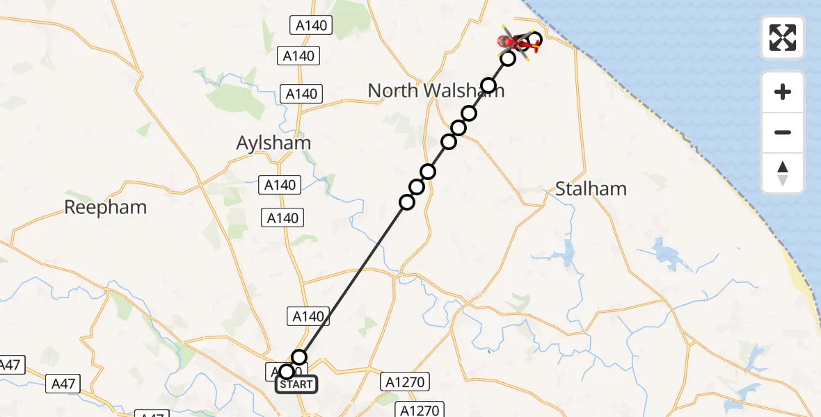 Flight route Air Ambulance Helicopter Norwich Airport - Edingthorpe, 26 July 2026, 11:15