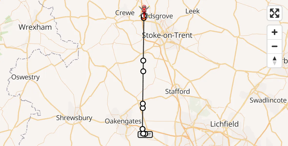 Flight route Air Ambulance Helicopter RAF Cosford - Alsager, 26 July 2026, 11:16