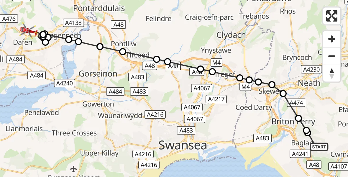 Flight route Air Ambulance Helicopter Baglan - Dafen, 26 July 2026, 11:20