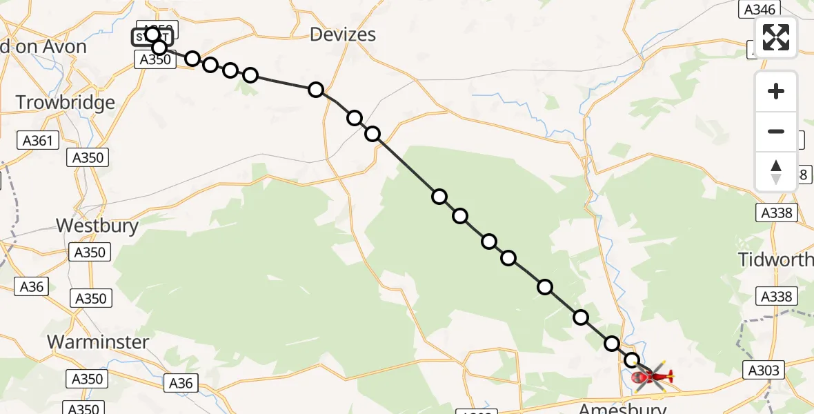 Flight route Air Ambulance Helicopter Wiltshire Air Ambulance - Bulford, 26 July 2026, 11:24