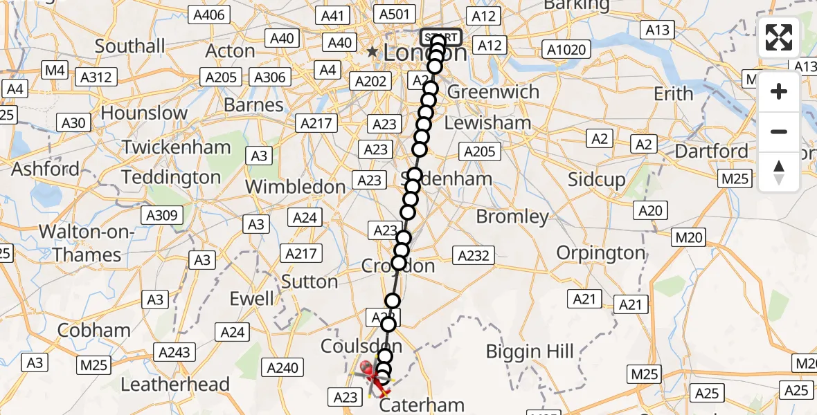 Flight route Air Ambulance Helicopter Royal London Hospital - Croydon, 26 July 2026, 11:27
