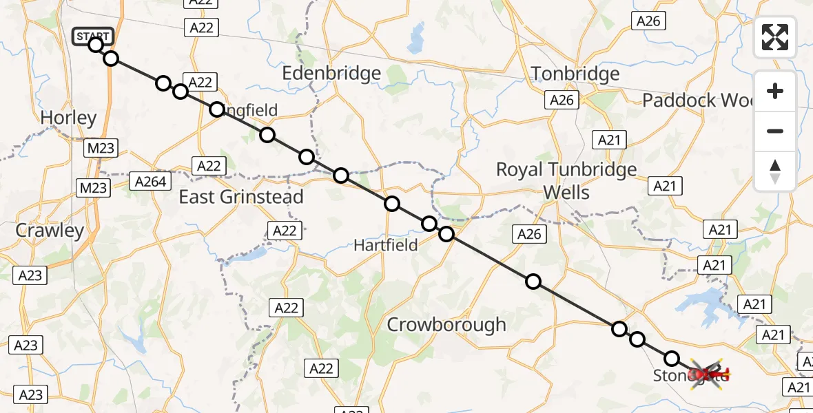 Flight route Air Ambulance Helicopter Redhill Aerodrome - Stonegate, 26 July 2026, 11:33