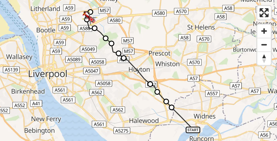 Flight route Air Ambulance Helicopter Widnes - Aintree University Hospital Heliport, 26 July 2026, 11:34