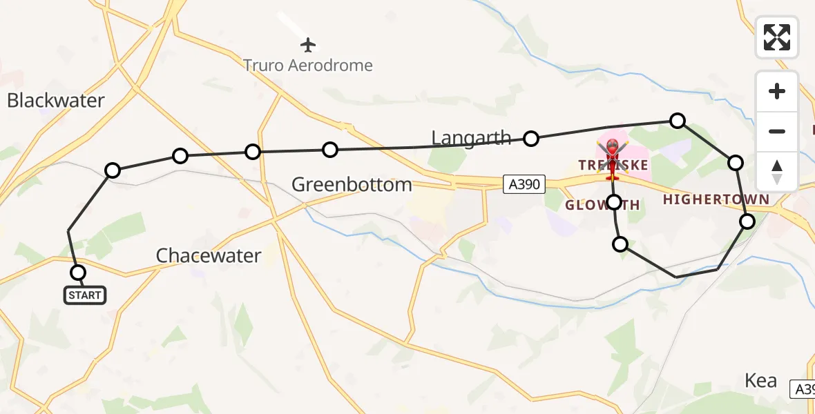 Flight route Air Ambulance Helicopter Truro - Treliske Hospital, 26 July 2026, 11:42