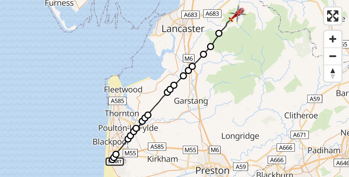 Flight route Air Ambulance Helicopter Blackpool Airport - Lancaster, 26 July 2026, 11:45