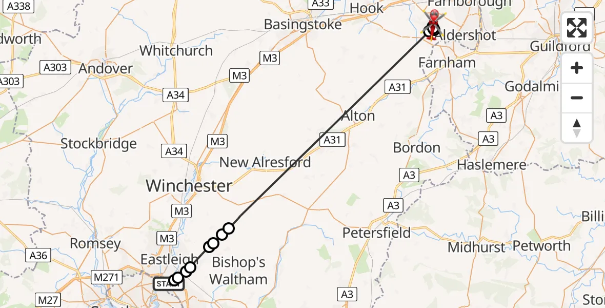 Flight route Air Ambulance Helicopter Southampton Airport - Fleet, 26 July 2026, 11:55