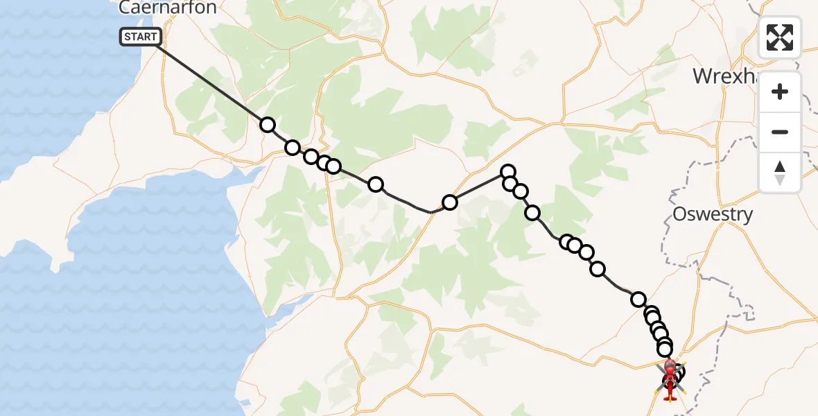 Flight route Air Ambulance Helicopter Caernarfon Airport - Welshpool Airport, 26 July 2026, 11:58