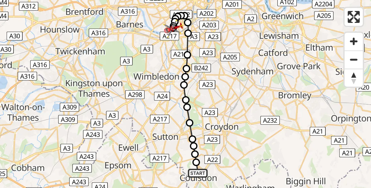 Flight route Air Ambulance Helicopter Croydon - London Heliport, 26 July 2026, 12:09