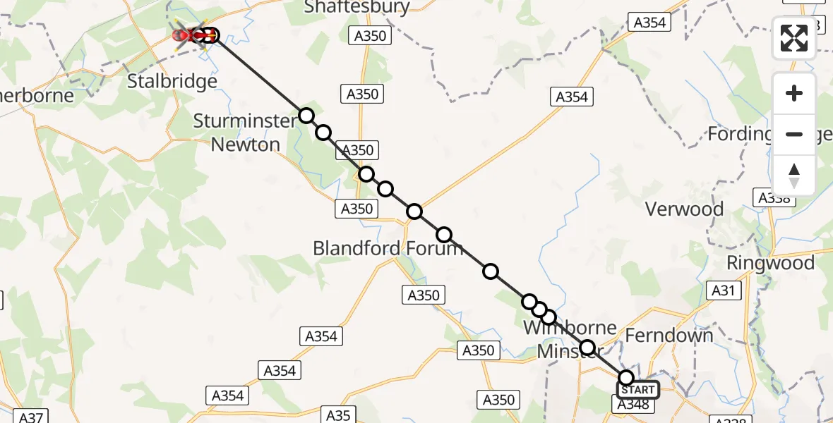 Flight route Air Ambulance Helicopter Bournemouth - Henstridge Airfield, 26 July 2026, 12:09