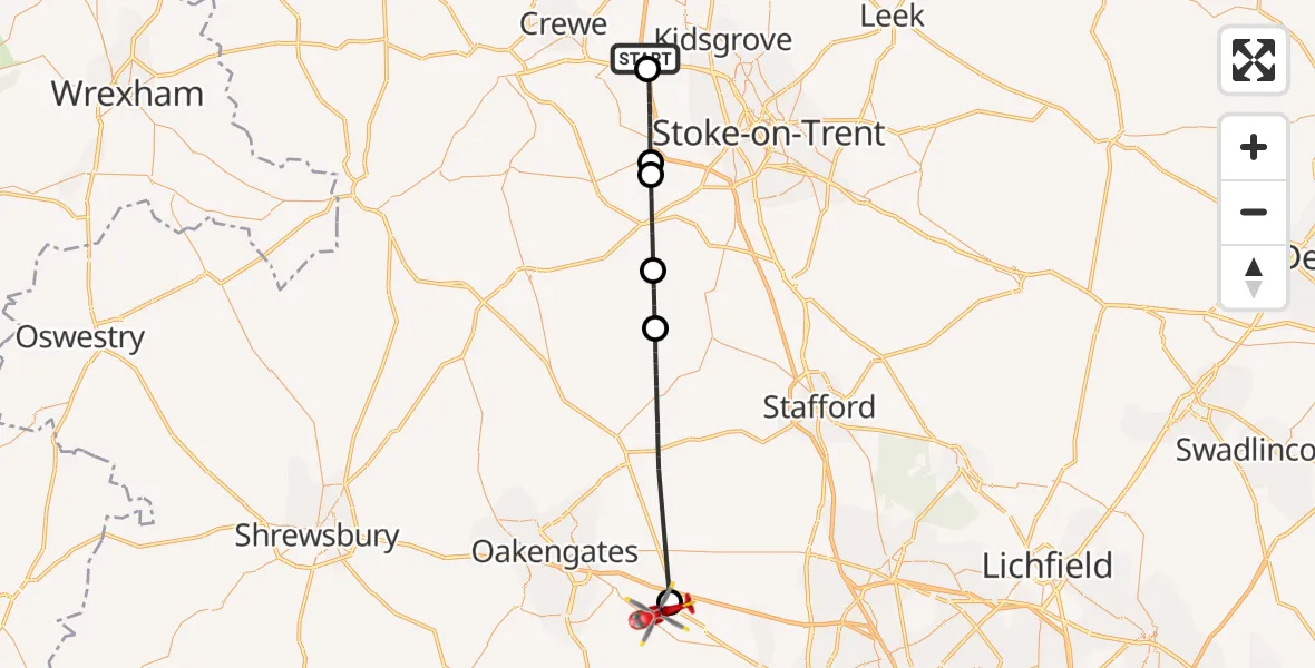Flight route Air Ambulance Helicopter Barthomley - Cosford, 26 July 2026, 12:09
