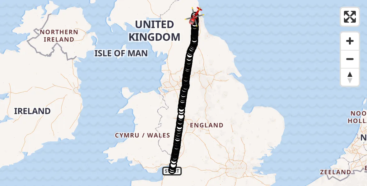 Flight route Air Ambulance Helicopter Bristol Royal Infirmary - Newcastle International Airport, 26 July 2026, 12:08