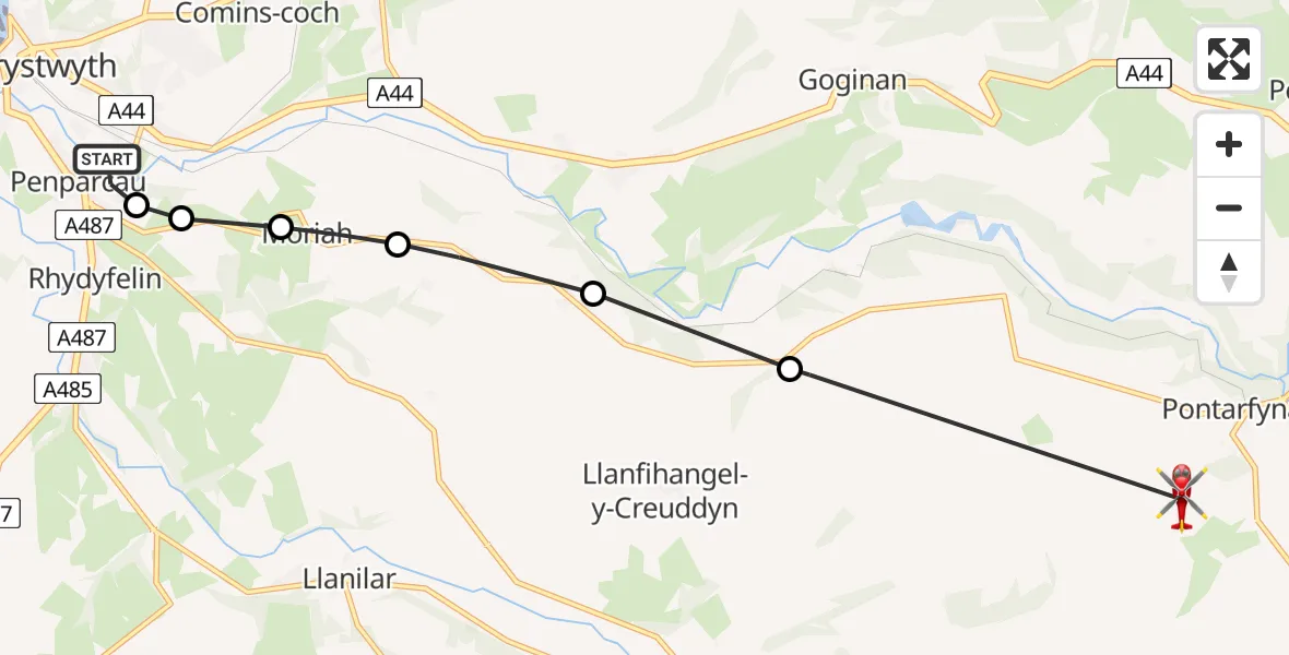 Flight route Air Ambulance Helicopter Penparcau - Pontarfynach, 26 July 2026, 12:12
