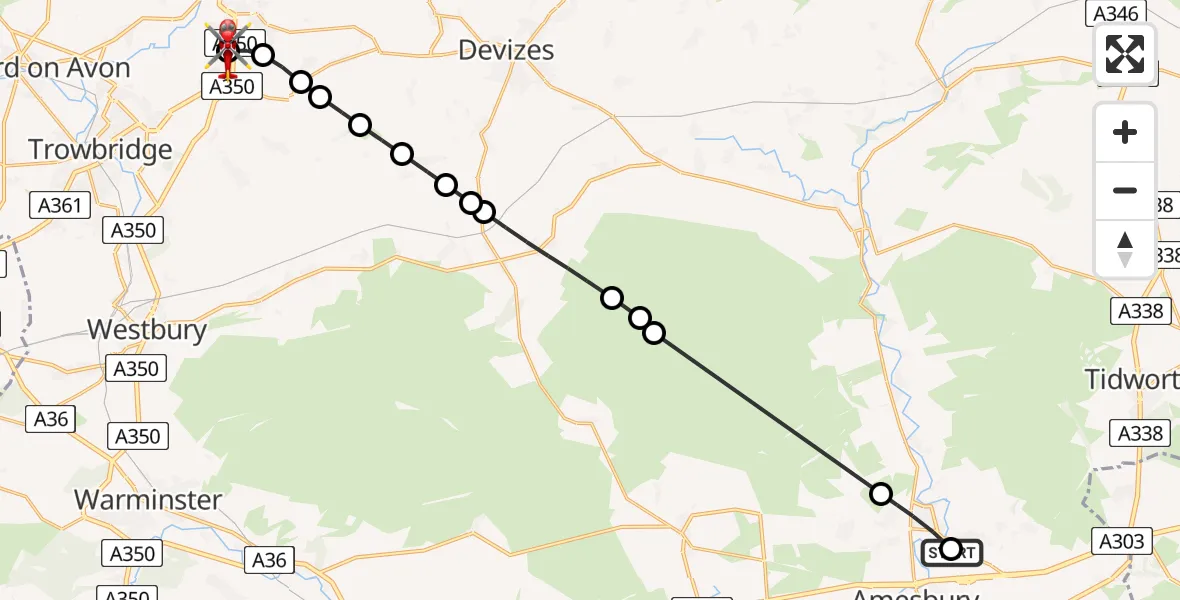 Flight route Air Ambulance Helicopter Bulford - Wiltshire Air Ambulance, 26 July 2026, 12:16