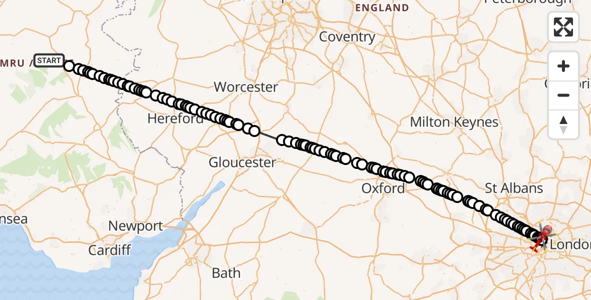 Flight route Air Ambulance Helicopter Rhayader - City of Westminster, 26 July 2026, 12:20