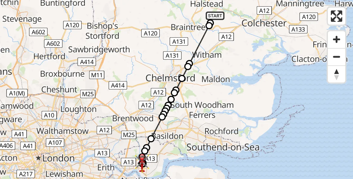 Flight route Air Ambulance Helicopter Braintree - Grays, 26 July 2026, 12:20