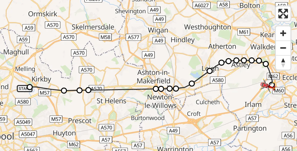 Flight route Air Ambulance Helicopter Kirkby - Manchester Barton Aerodrome, 26 July 2026, 12:25
