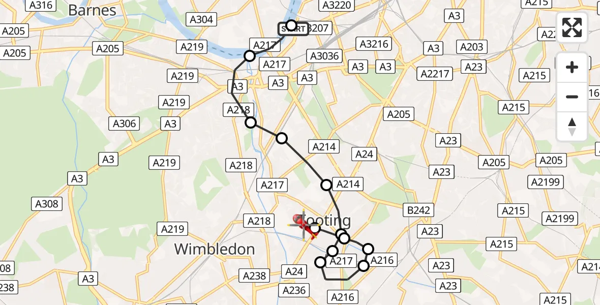 Flight route Air Ambulance Helicopter London Heliport - St Georges Hospital, 26 July 2026, 12:28