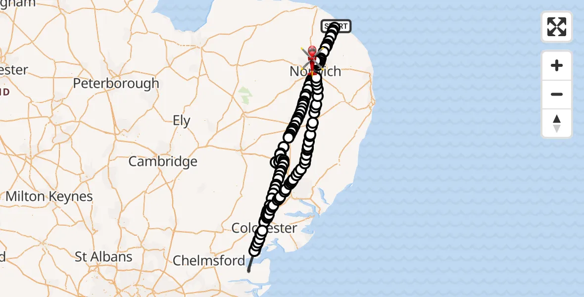 Flight route Air Ambulance Helicopter Edingthorpe - Norwich Airport, 26 July 2026, 12:30