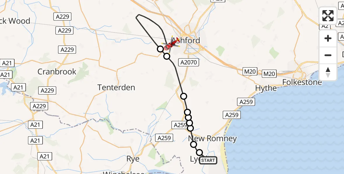 Flight route Air Ambulance Helicopter Lydd London Ashford Airport - Ashford, 26 July 2026, 12:34