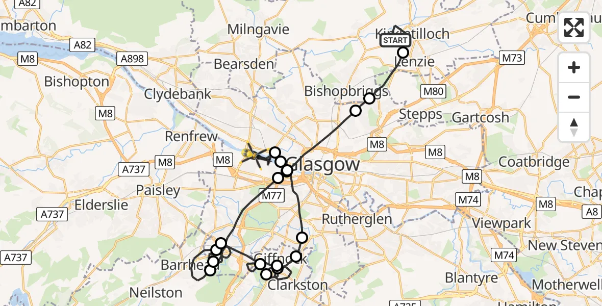 Flight route Police Helicopter Kirkintilloch - Glasgow, 26 July 2026, 12:35