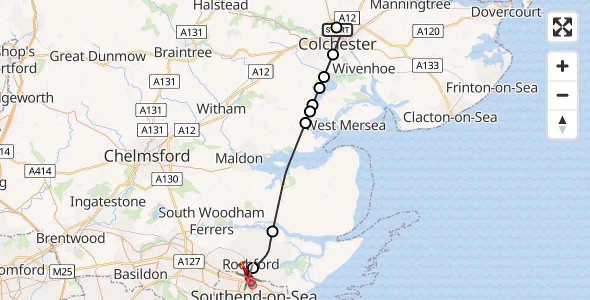 Flight route Air Ambulance Helicopter Colchester Hospital - London Southend Airport, 26 July 2026, 12:35