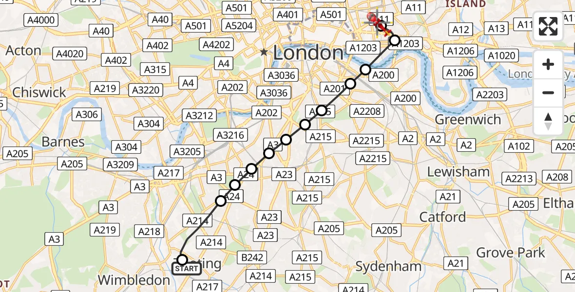 Flight route Air Ambulance Helicopter St Georges Hospital - Royal London Hospital, 26 July 2026, 12:43