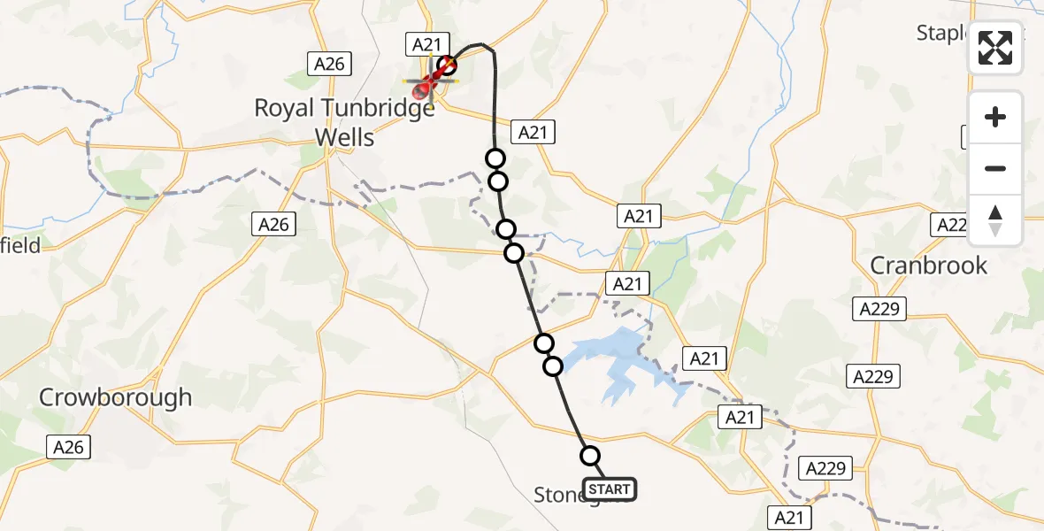 Flight route Air Ambulance Helicopter Stonegate - Pembury, 26 July 2026, 12:43