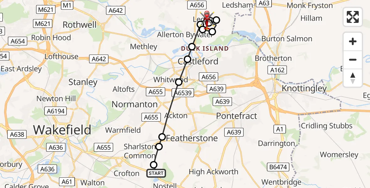 Flight route Air Ambulance Helicopter YAA Nostell Helicopter Port - Ledston, 26 July 2026, 12:46