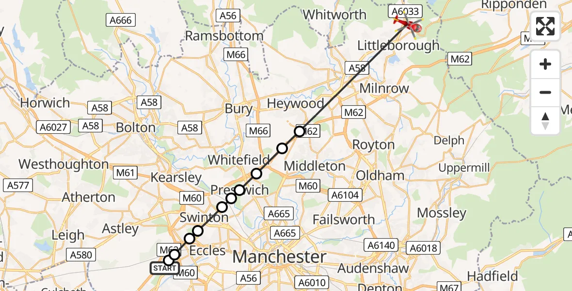 Flight route Air Ambulance Helicopter Manchester Barton Aerodrome - Rochdale, 26 July 2026, 13:02