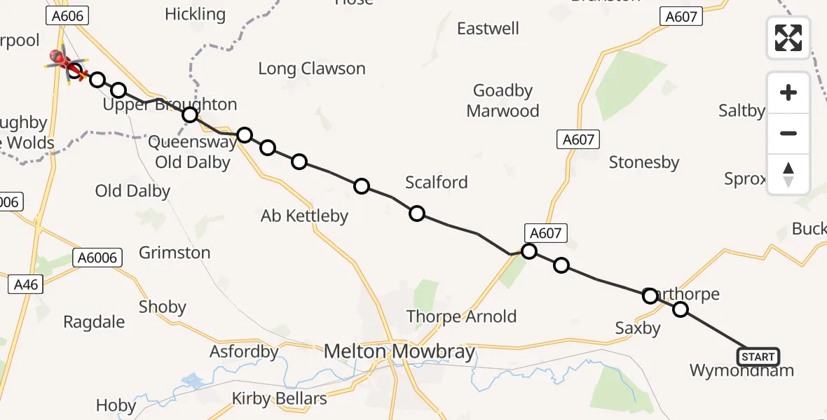 Flight route Air Ambulance Helicopter Wymondham - Nottingham Heliport, 26 July 2026, 13:03