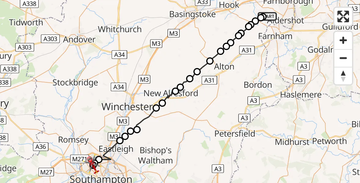 Flight route Air Ambulance Helicopter Fleet - University Hospital Southampton, 26 July 2026, 13:06