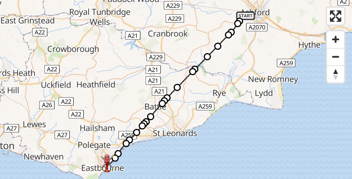 Flight route Air Ambulance Helicopter Ashford - Eastbourne, 26 July 2026, 13:10