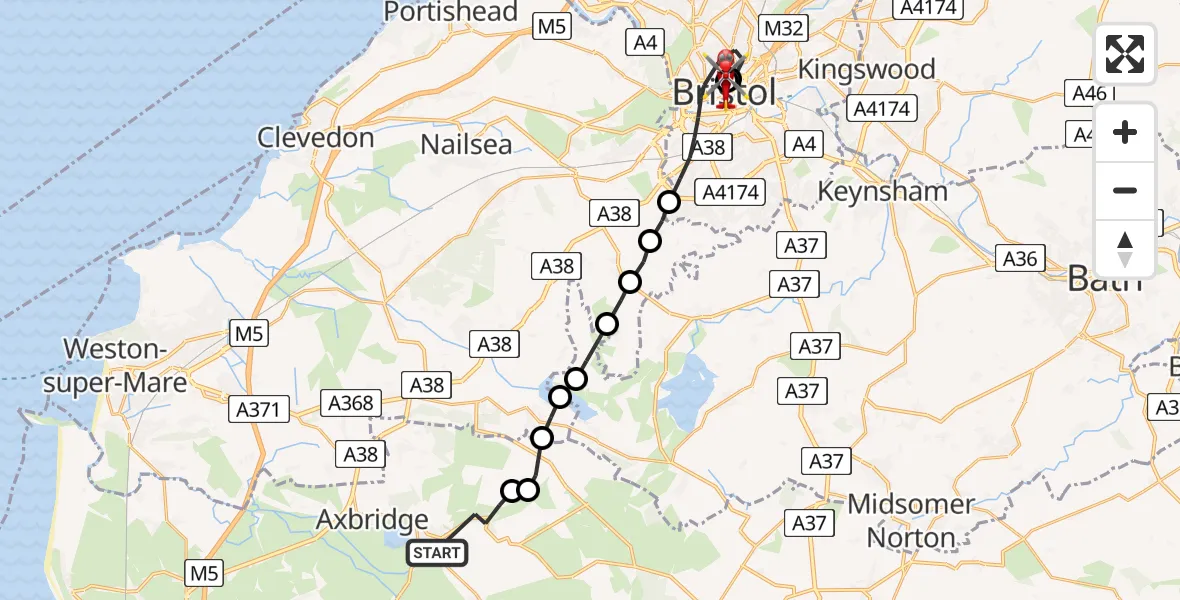 Flight route Air Ambulance Helicopter Cheddar - Bristol Children's Hospital, 26 July 2026, 13:10