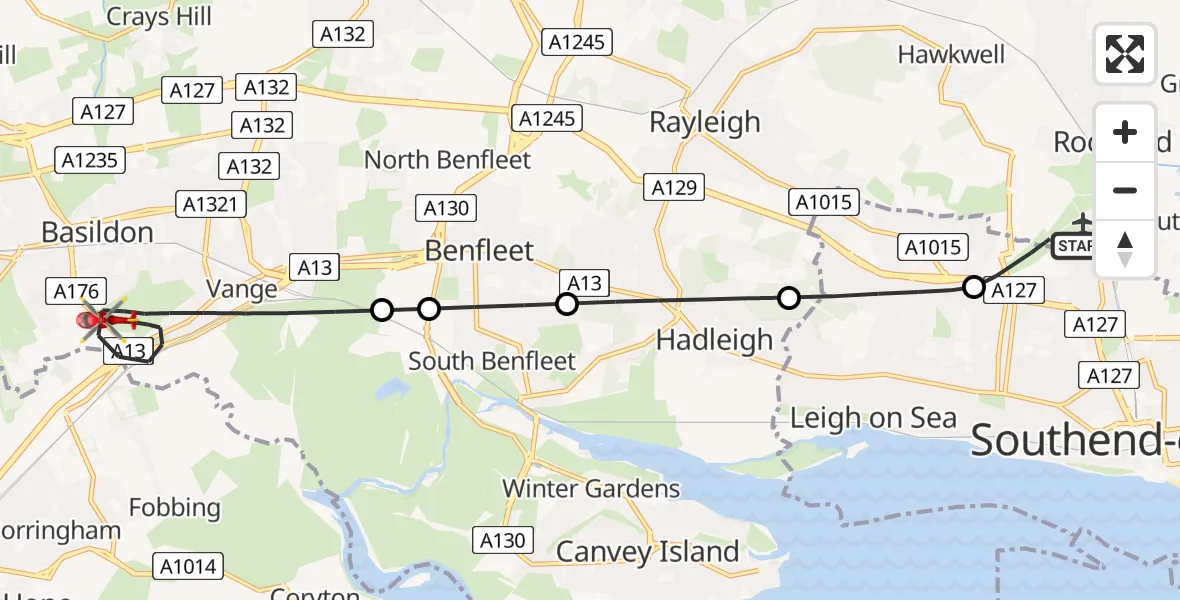 Flight route Air Ambulance Helicopter London Southend Airport - Basildon, 26 July 2026, 13:13
