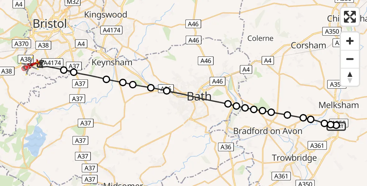Flight route Air Ambulance Helicopter Wiltshire Air Ambulance - Bristol, 26 July 2026, 13:16