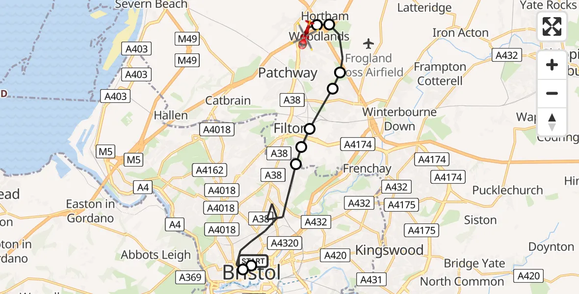 Flight route Air Ambulance Helicopter Bristol Royal Infirmary - Almondsbury Helicopter Base, 26 July 2026, 13:21