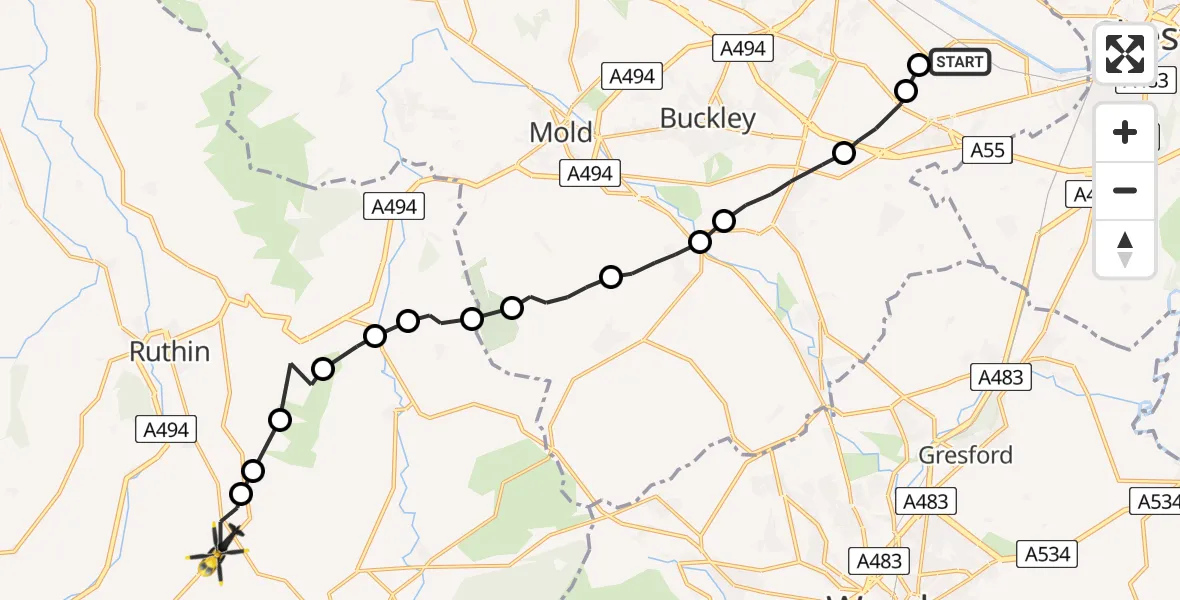 Flight route Police Helicopter Hawarden Airport - Pentrecelyn, 26 July 2026, 13:27
