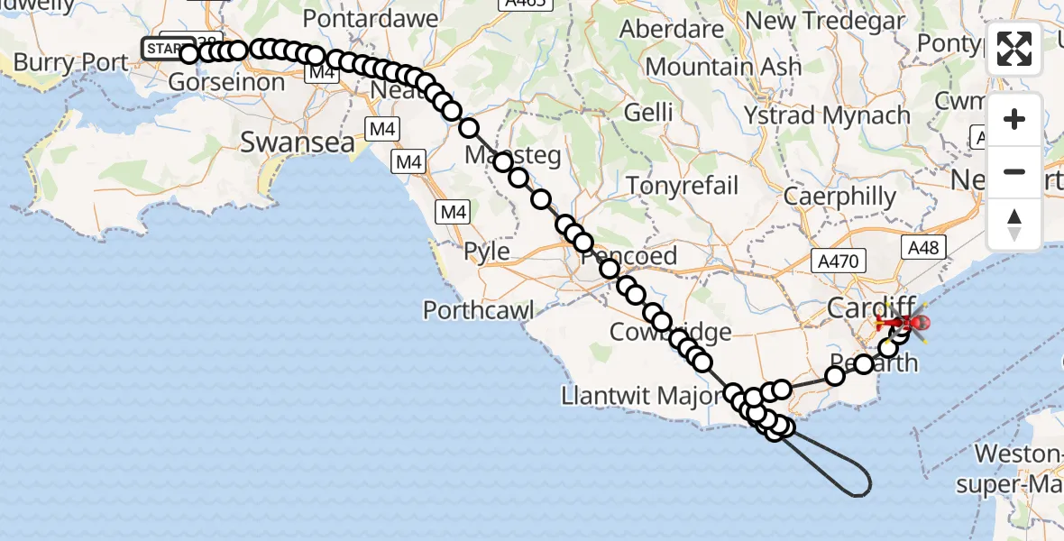 Flight route Air Ambulance Helicopter Dafen - Cardiff Heliport, 26 July 2026, 13:28