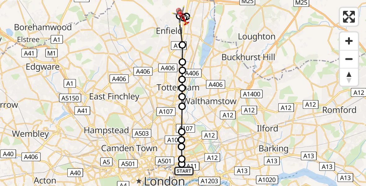 Flight route Air Ambulance Helicopter Royal London Hospital - Worcesters Primary School, 26 July 2026, 13:32