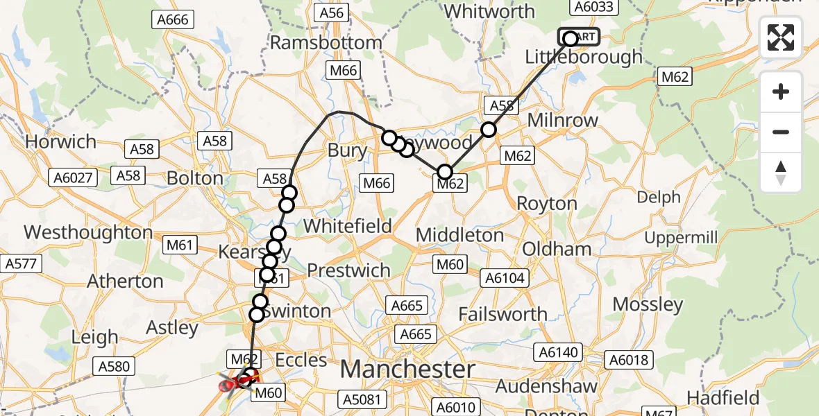 Flight route Air Ambulance Helicopter Littleborough - Manchester Barton Aerodrome, 26 July 2026, 13:33